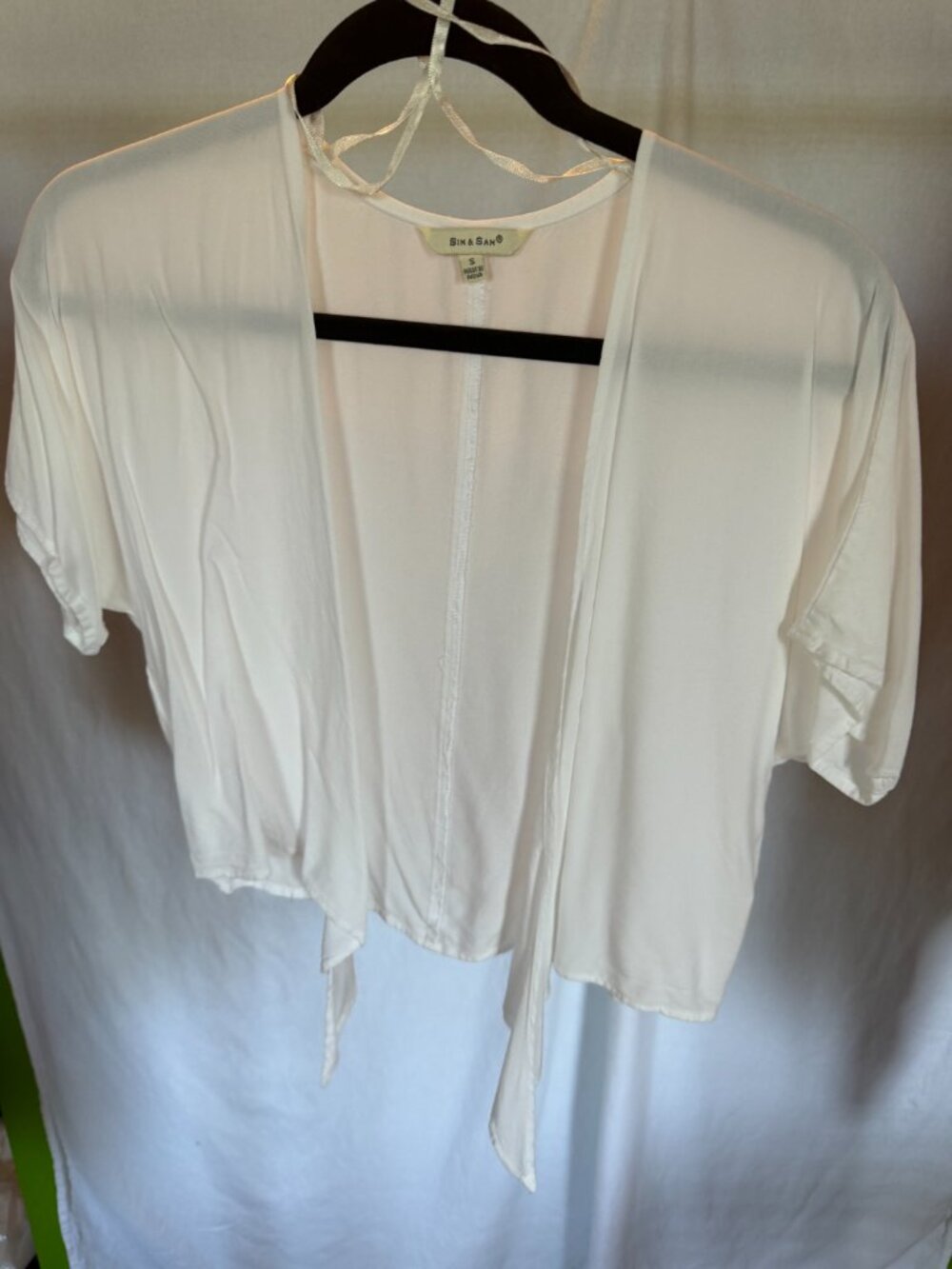 Sim & Sam White Short Sleeve Open Front Tie Hem Kimono Cardigan S